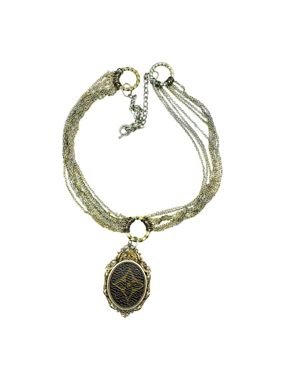Vintage Luxury Canvas Pendant Necklace | Ornate Gold Frame | Layered Mixed Metal - Picture 4 of 10